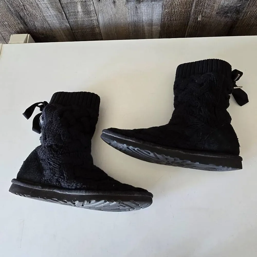 UGG Isla Cable Knit Weave Lace Black Boots 1008840 Womens Size 6
